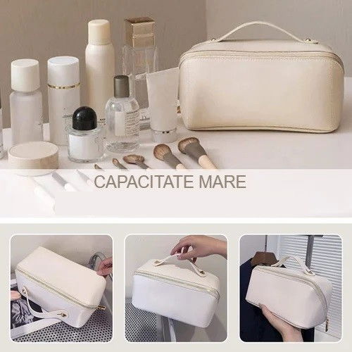 Geanta de calatorie  pentru cosmetice, portabila, impermeabila, din piele ecologica, compartimente multiple, cu fermoar, 23 x 11.5 x 10.5 cm, crem [9]