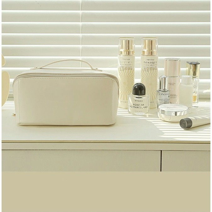 Geanta de calatorie  pentru cosmetice, portabila, impermeabila, din piele ecologica, compartimente multiple, cu fermoar, 23 x 11.5 x 10.5 cm, crem [6]