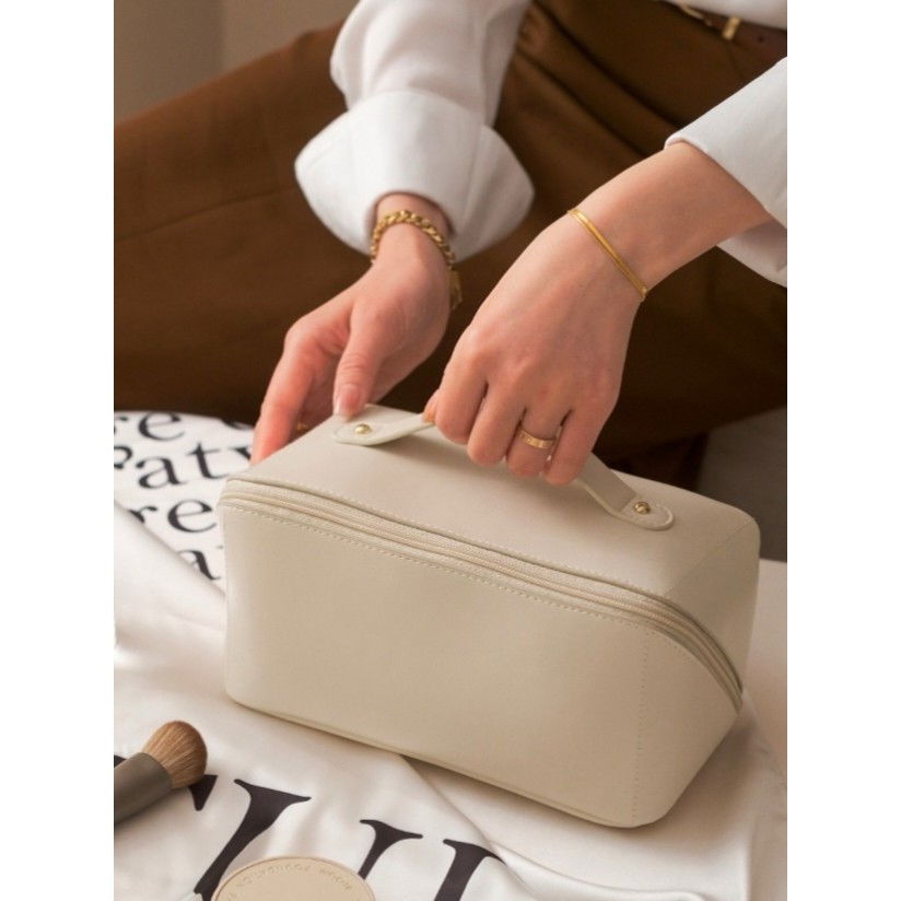 Geanta de calatorie  pentru cosmetice, portabila, impermeabila, din piele ecologica, compartimente multiple, cu fermoar, 23 x 11.5 x 10.5 cm, crem [5]