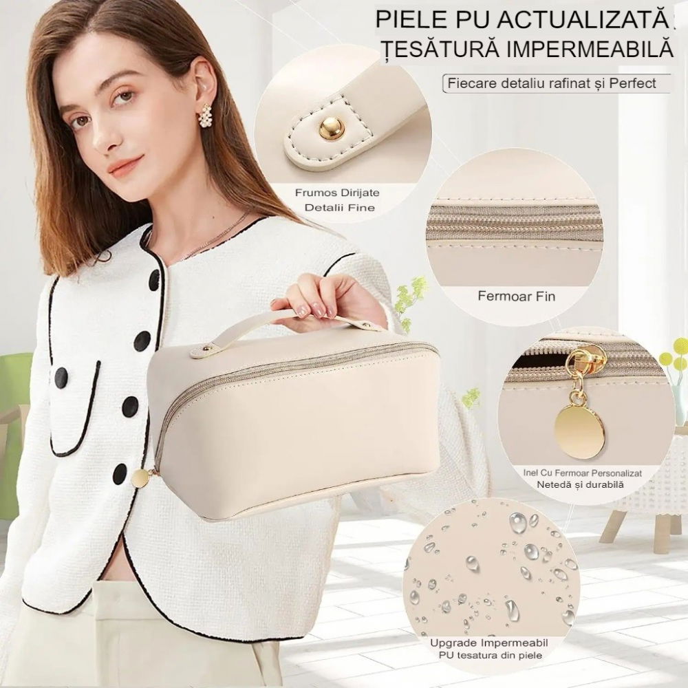 Geanta de calatorie  pentru cosmetice, portabila, impermeabila, din piele ecologica, compartimente multiple, cu fermoar, 23 x 11.5 x 10.5 cm, crem [11]