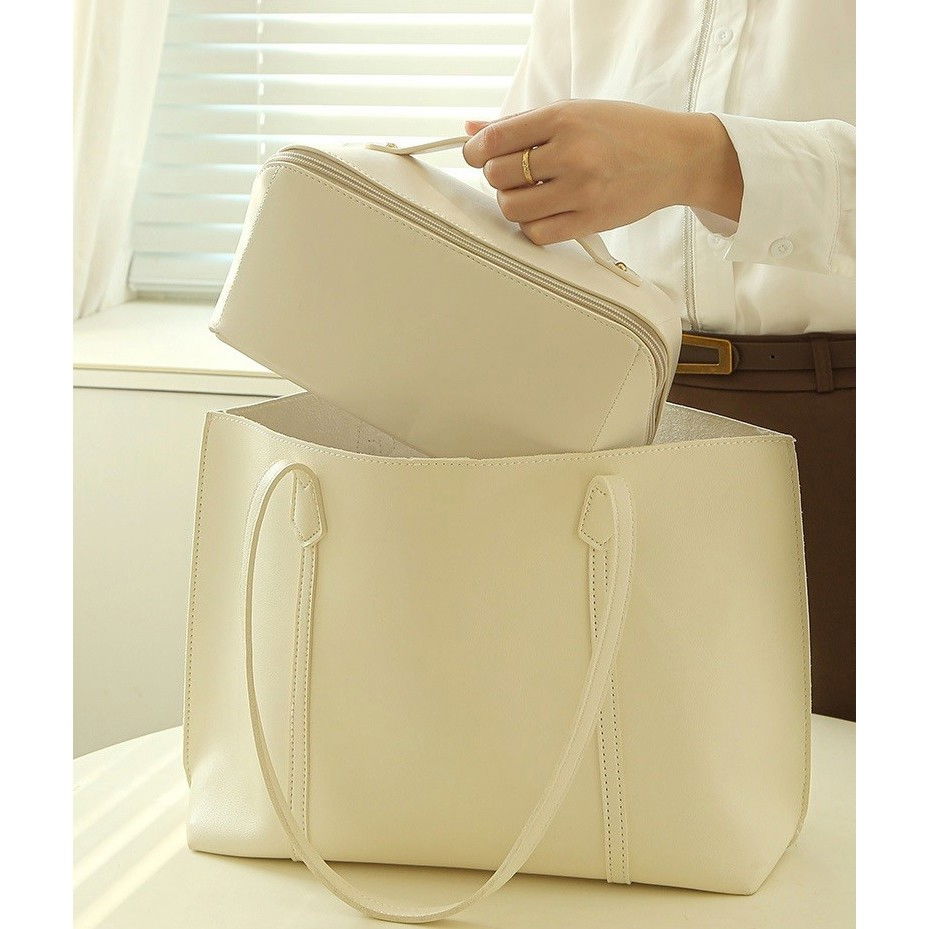 Geanta de calatorie  pentru cosmetice, portabila, impermeabila, din piele ecologica, compartimente multiple, cu fermoar, 23 x 11.5 x 10.5 cm, crem [7]