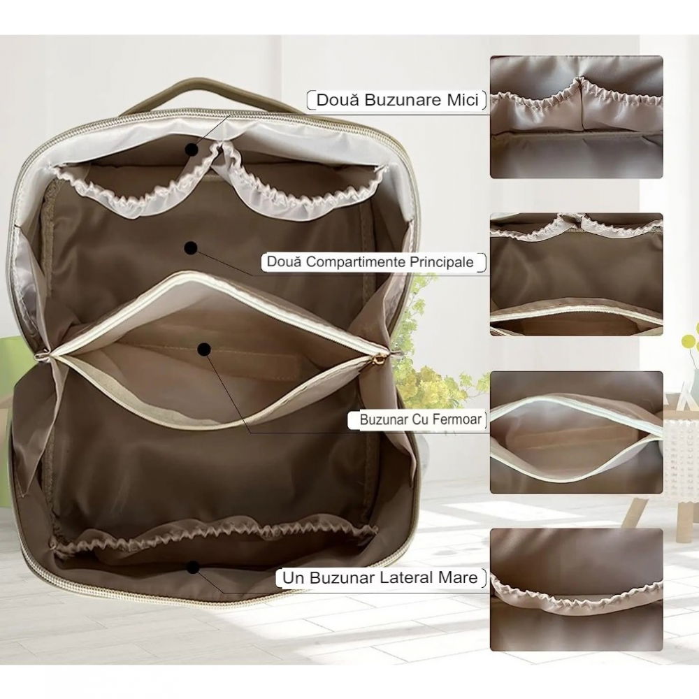 Geanta de calatorie  pentru cosmetice, portabila, impermeabila, din piele ecologica, compartimente multiple, cu fermoar, 23 x 11.5 x 10.5 cm, crem [10]