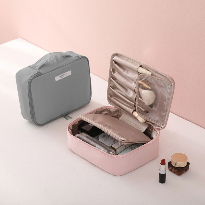 Geanta de calatorie, pentru cosmetice si articole de toaleta, material impermeabil, 2 in 1, portfard interior detasabil, 23 x 16 x 8 cm, gri [2]