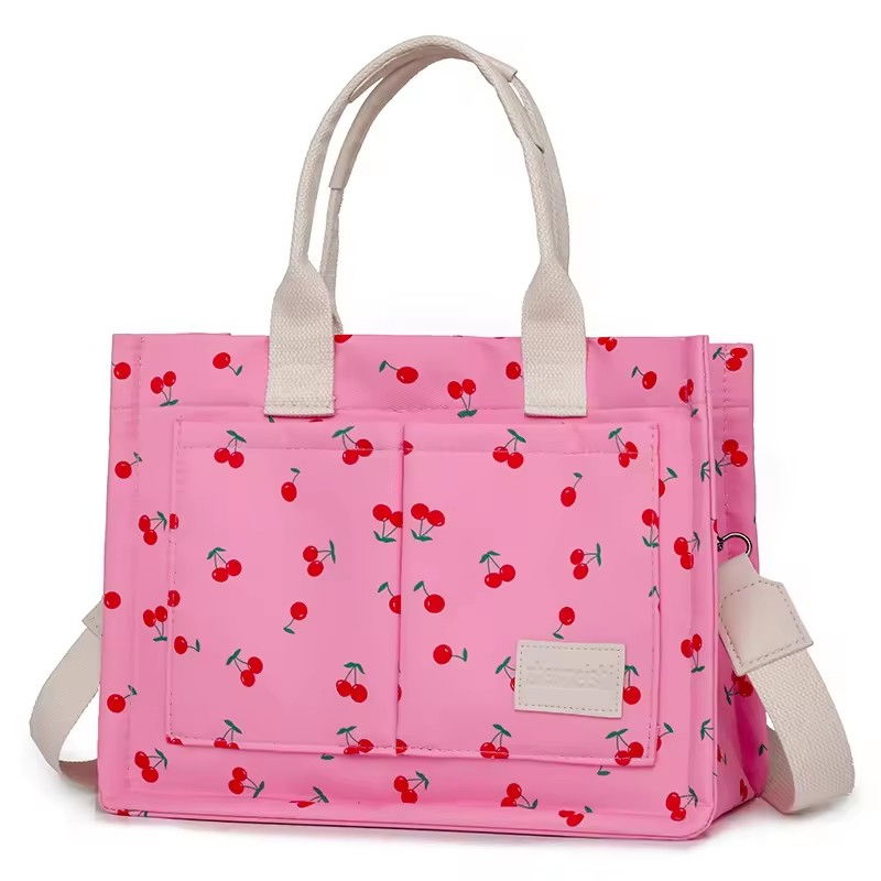 Geanta de mana/umar, multifunctionala, inchidere cu capsa, imprimeu cirese, material textil, 33.5 x 25 x 14.5 cm, roz [8]
