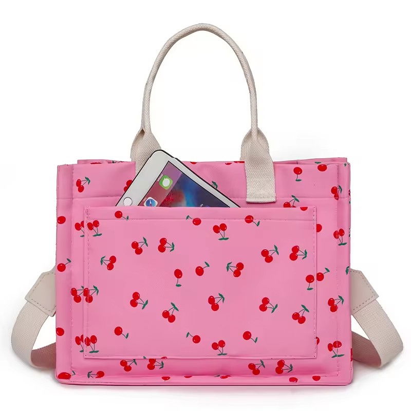 Geanta de mana/umar, multifunctionala, inchidere cu capsa, imprimeu cirese, material textil, 33.5 x 25 x 14.5 cm, roz [7]