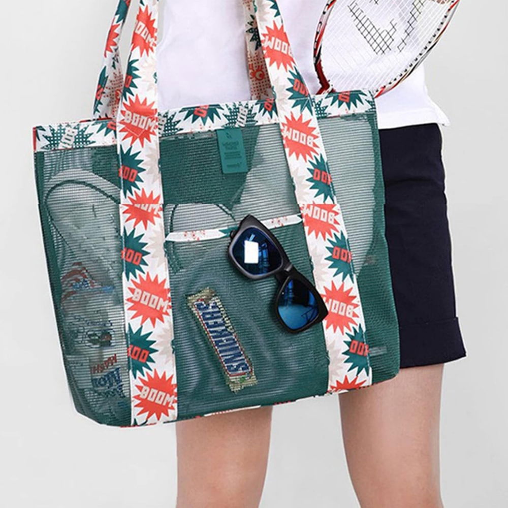 Geanta de plaja, din plasa transparenta, imprimeu boom, 43 x 10 x 33 cm, model pentru umar, lungime inferioara 33 cm, verde [2]