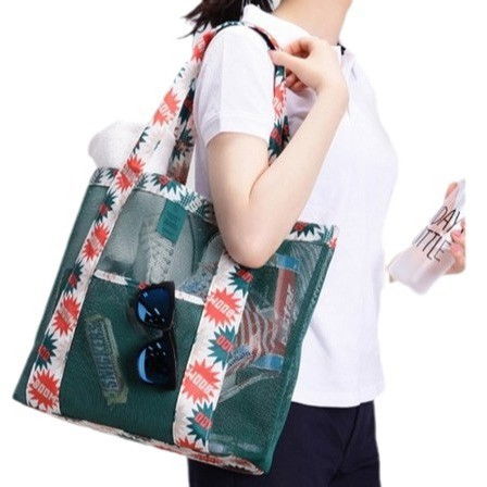 Geanta de plaja, din plasa transparenta, imprimeu boom, 43 x 10 x 33 cm, model pentru umar, lungime inferioara 33 cm, verde [4]