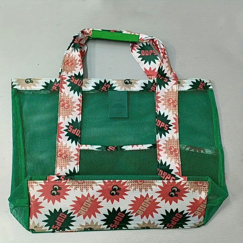 Geanta de plaja, din plasa transparenta, imprimeu boom, 43 x 10 x 33 cm, model pentru umar, lungime inferioara 33 cm, verde [3]