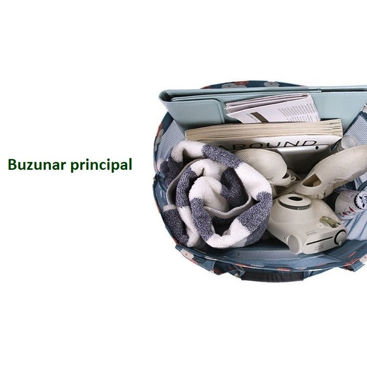 Geanta de plaja, din plasa transparenta, imprimeu floral, 43 x 10 x 33 cm, model pentru umar, lungime inferioara 33 cm, albastru [3]