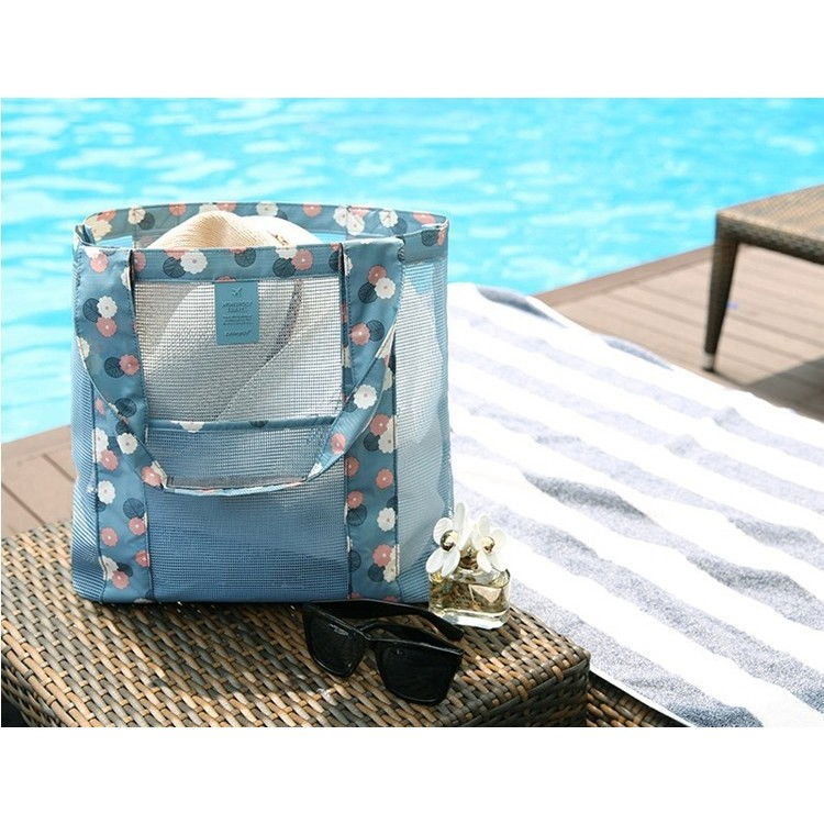 Geanta de plaja, din plasa transparenta, imprimeu floral, 43 x 10 x 33 cm, model pentru umar, lungime inferioara 33 cm, albastru [5]