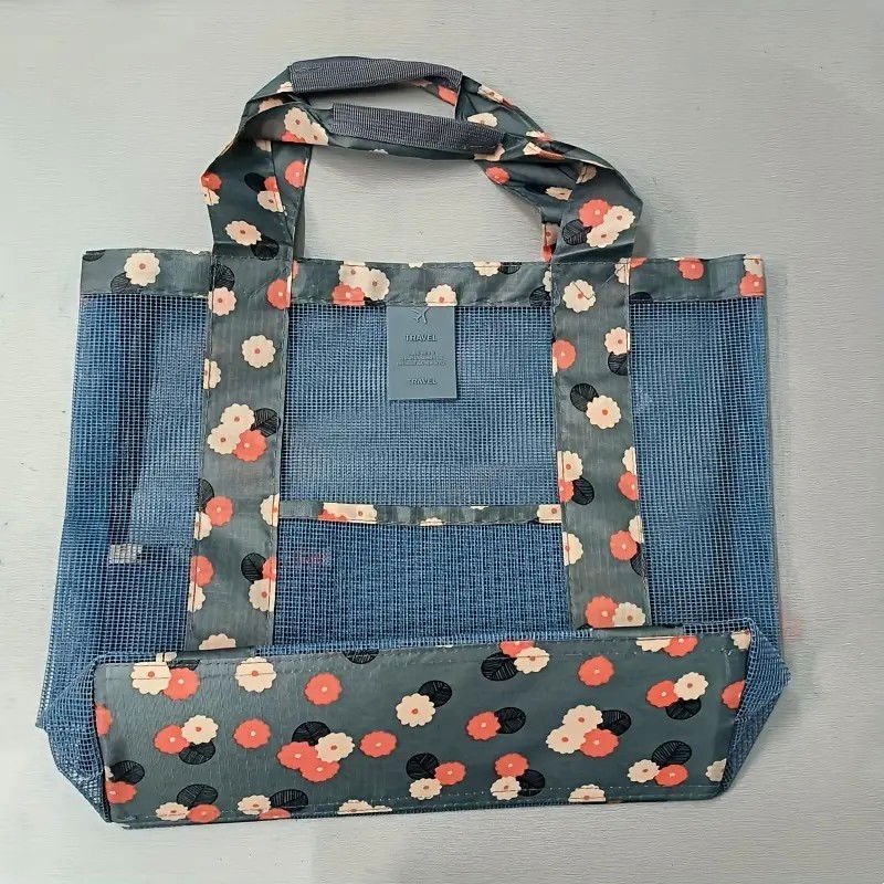 Geanta de plaja, din plasa transparenta, imprimeu floral, 43 x 10 x 33 cm, model pentru umar, lungime inferioara 33 cm, albastru [10]