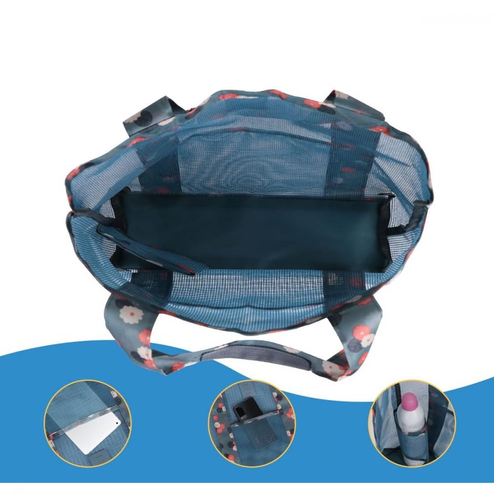 Geanta de plaja, din plasa transparenta, imprimeu floral, 43 x 10 x 33 cm, model pentru umar, lungime inferioara 33 cm, albastru [2]