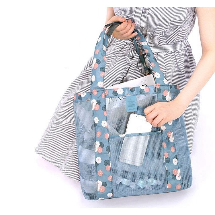 Geanta de plaja, din plasa transparenta, imprimeu floral, 43 x 10 x 33 cm, model pentru umar, lungime inferioara 33 cm, albastru [4]