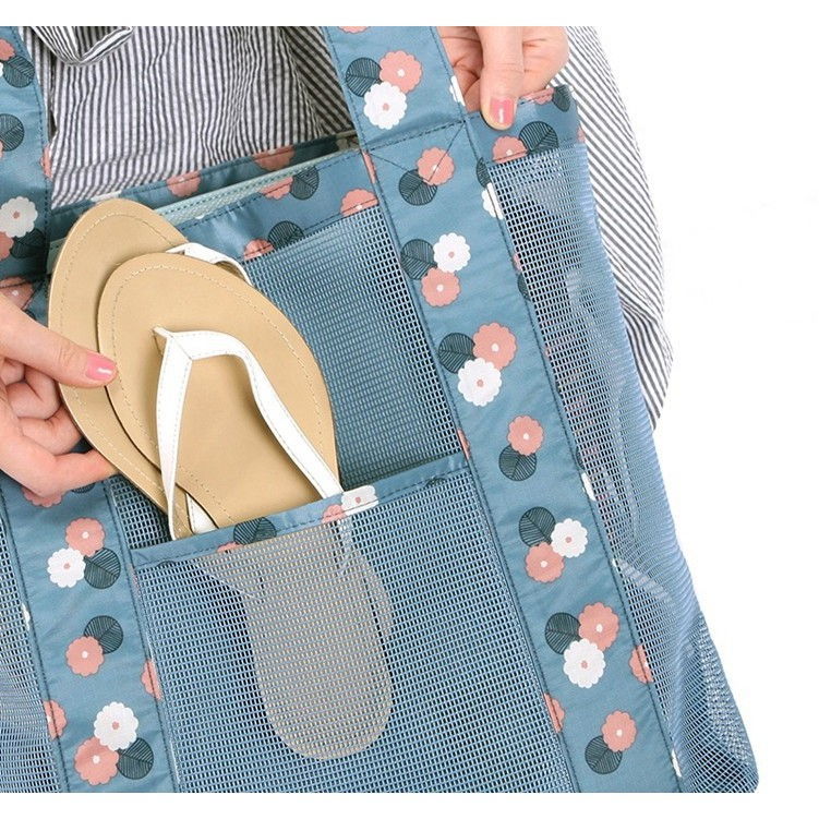 Geanta de plaja, din plasa transparenta, imprimeu floral, 43 x 10 x 33 cm, model pentru umar, lungime inferioara 33 cm, albastru [7]