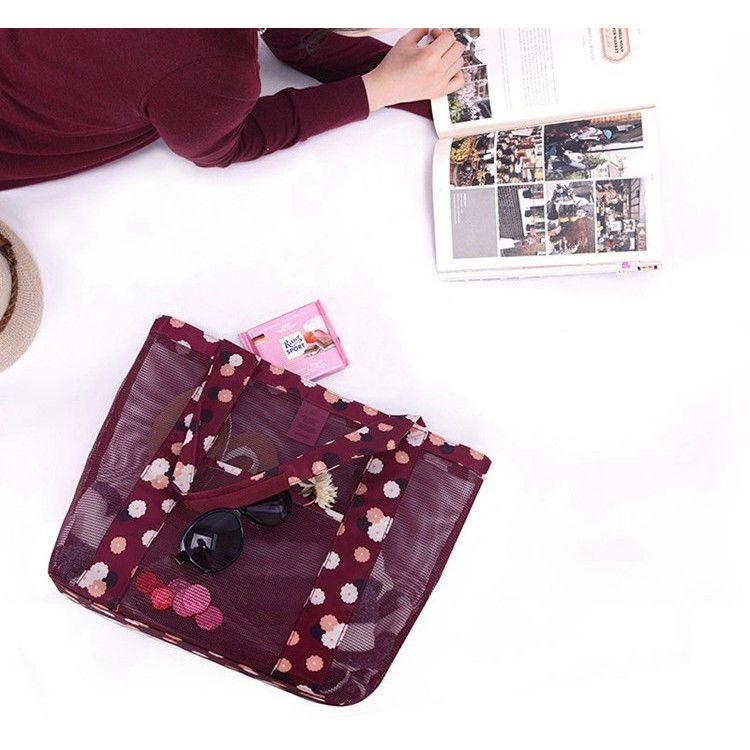 Geanta de plaja, din plasa transparenta, imprimeu floral, 43 x 10 x 33 cm, model pentru umar, lungime inferioara 33 cm, burgundy [5]