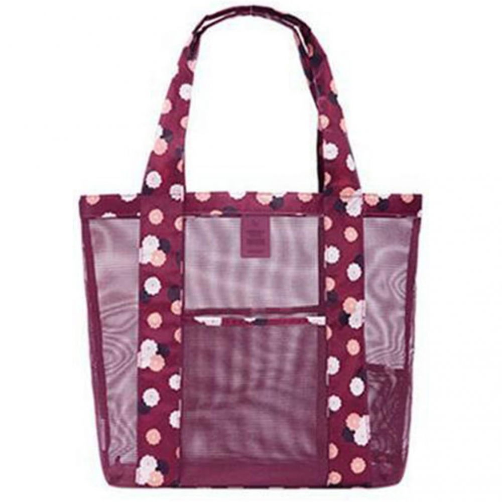 Geanta de plaja, din plasa transparenta, imprimeu floral, 43 x 10 x 33 cm, model pentru umar, lungime inferioara 33 cm, burgundy [6]