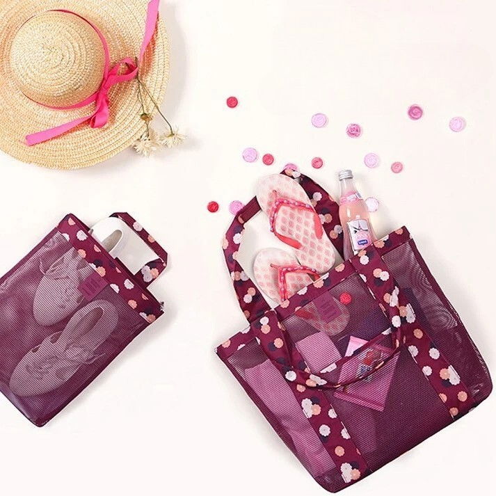 Geanta de plaja, din plasa transparenta, imprimeu floral, 43 x 10 x 33 cm, model pentru umar, lungime inferioara 33 cm, burgundy [4]