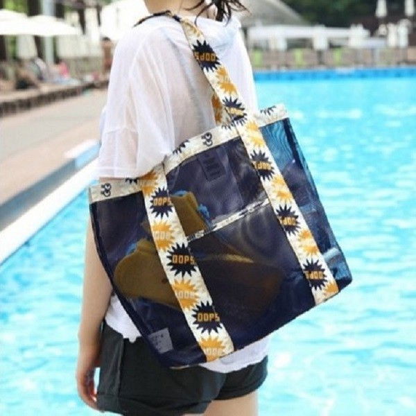 Geanta de plaja, din plasa transparenta, imprimeu oops, 43 x 10 x 33 cm, model pentru umar, lungime inferioara 33 cm, negru [2]