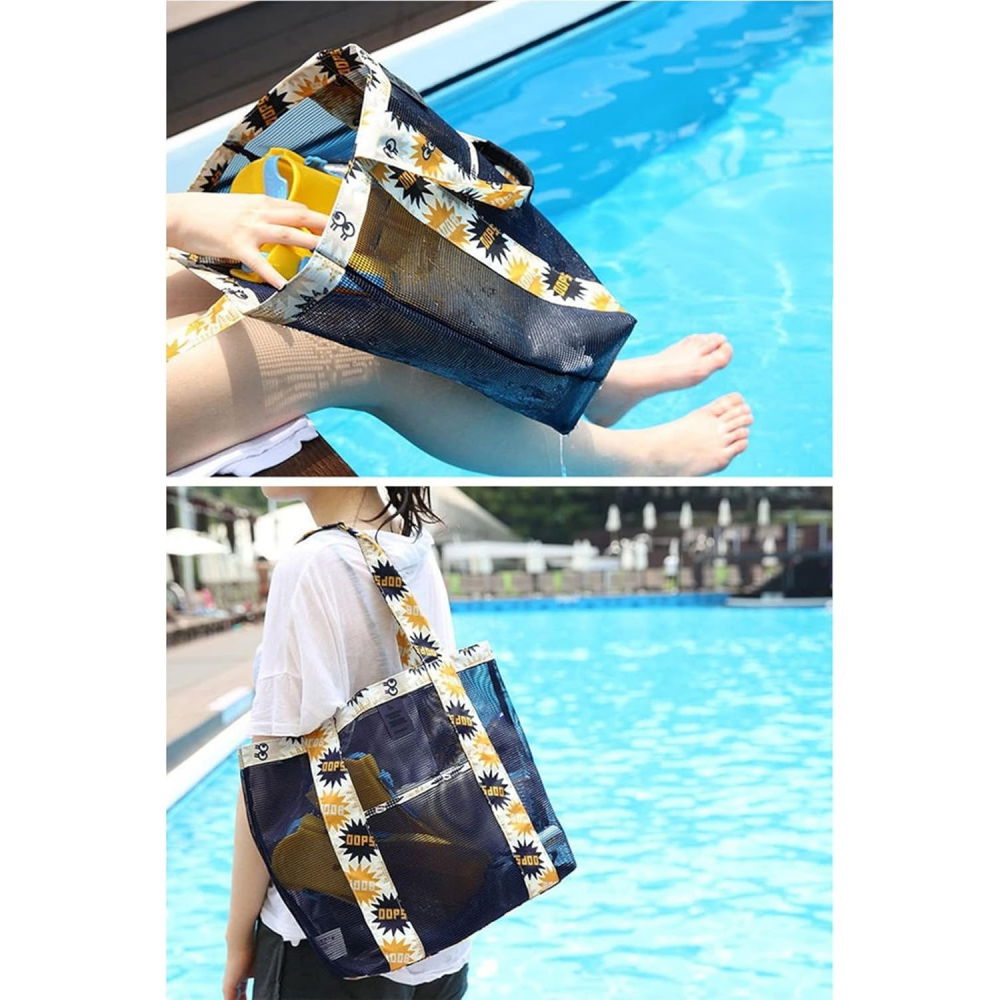 Geanta de plaja, din plasa transparenta, imprimeu oops, 43 x 10 x 33 cm, model pentru umar, lungime inferioara 33 cm, negru [3]