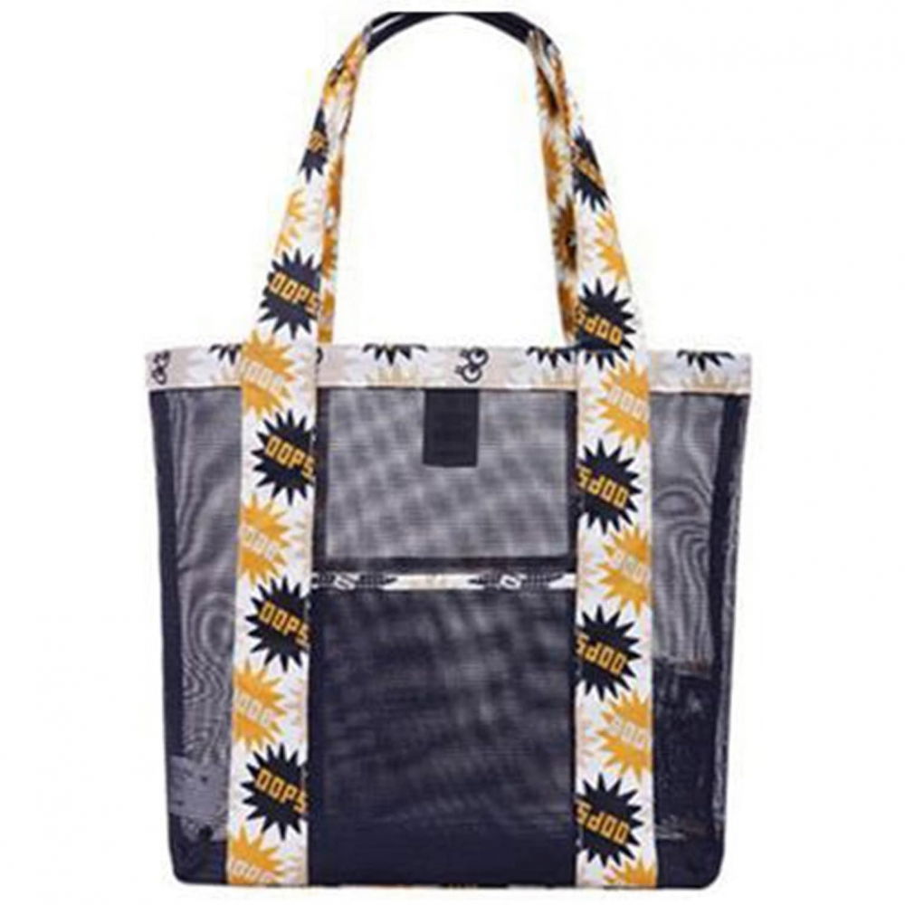 Geanta de plaja, din plasa transparenta, imprimeu oops, 43 x 10 x 33 cm, model pentru umar, lungime inferioara 33 cm, negru [1]