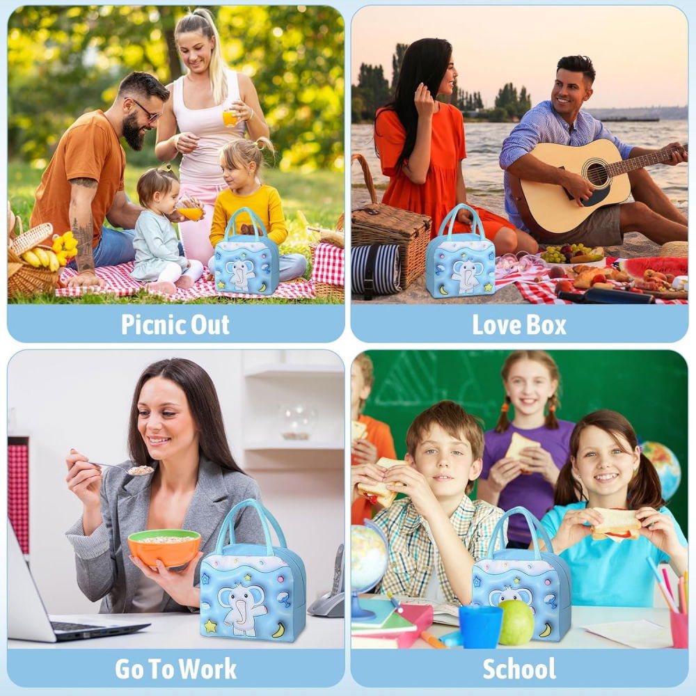 Geantă frigorifică, cu desene animate 3d, portabilă pentru copii, de prânz, din pânză oxford, 23x13x19 cm, model elefantel, albastru [5]