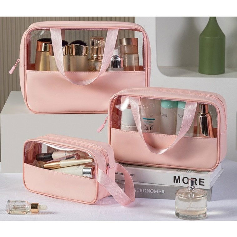 Geanta pentru cosmetice, geanta pentru voiaj sau organizarea produselor cosmetice, geanta pentru machiaj, din pvc si pu, 26 x 15 x 10 cm, roz [2]