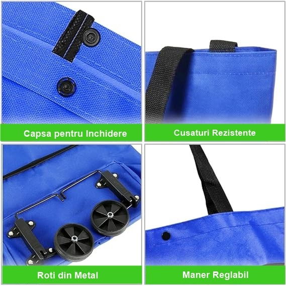 Geanta pliabila, 2 in 1, carucior cu roti, pentru cumparaturi, 19 l, albastru, plastic, 39 x 46 x 12 cm [4]