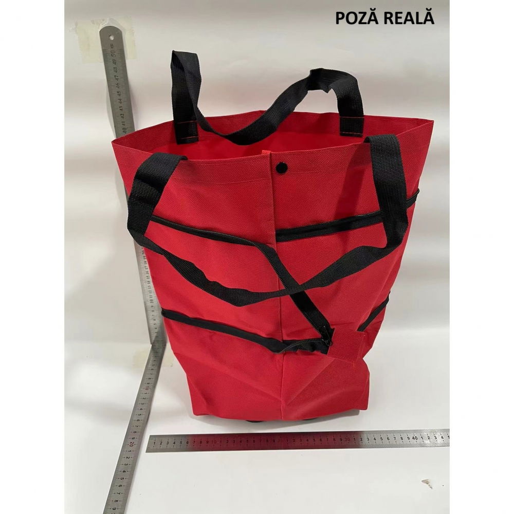 Geanta pliabila, 2 in 1, carucior cu roti, pentru cumparaturi, 19 l, rosu, plastic, 39 x 46 x 12 cm [10]