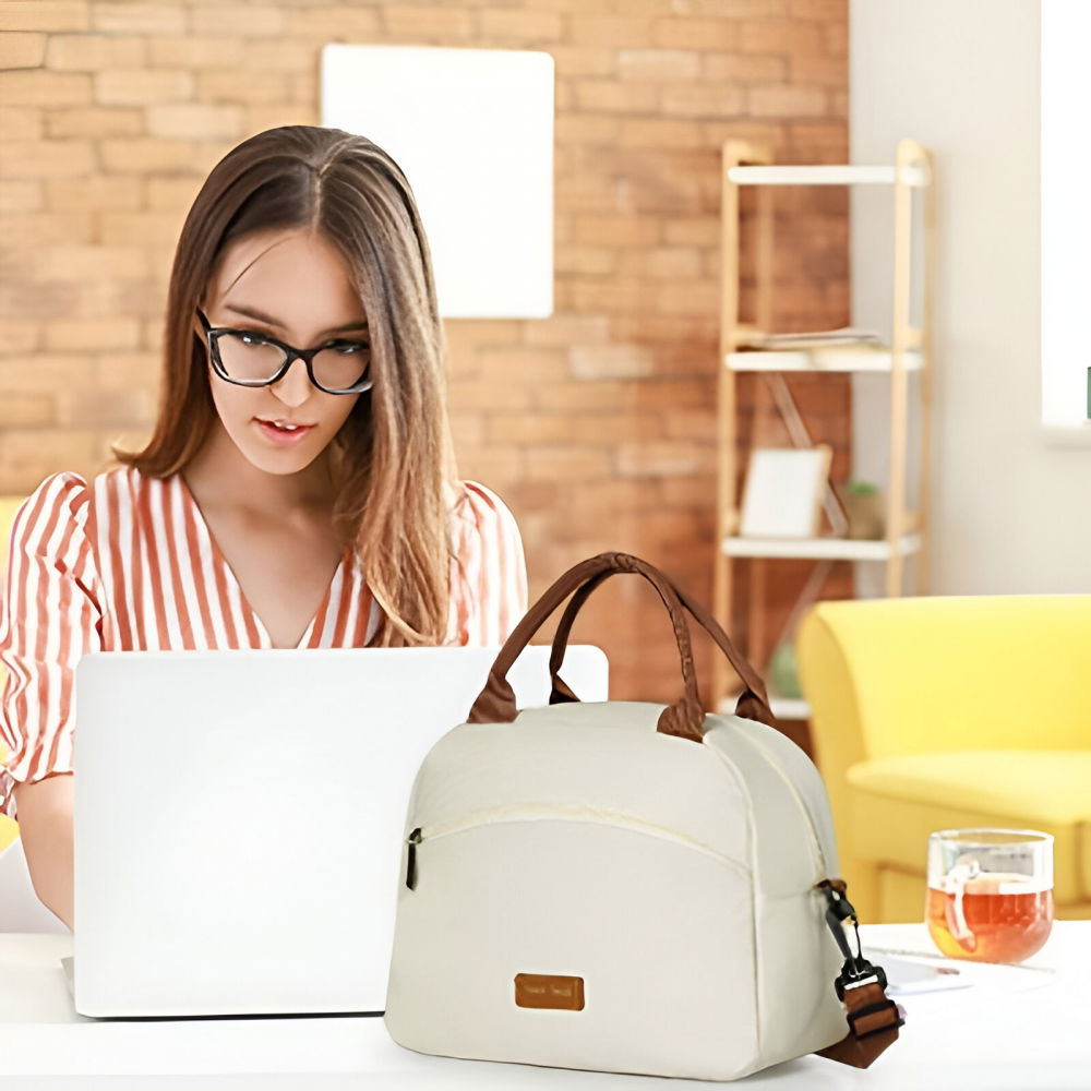 Geanta termica pentru pranz  multifunctionala, compartimentata, impermeabila, 2 tipuri de manere, 26x14.3x21.2 cm, crem [4]