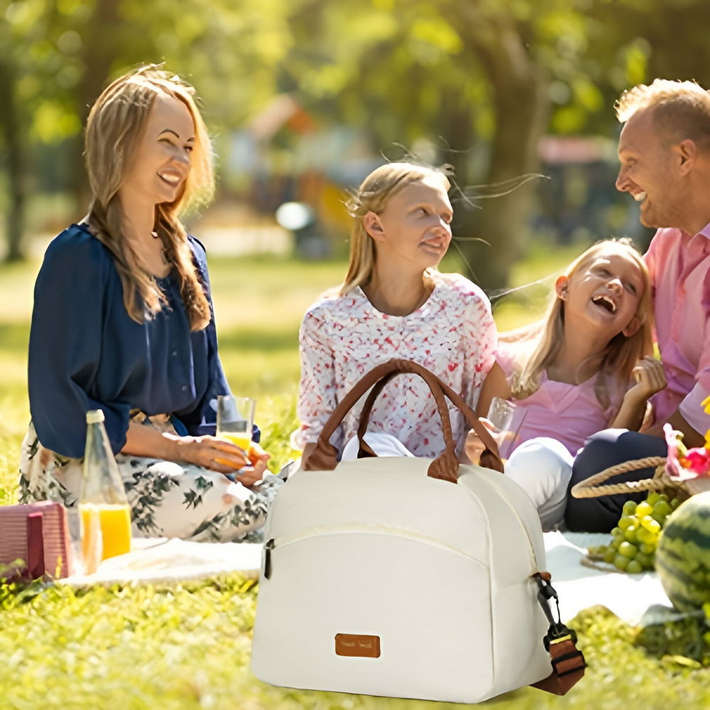 Geanta termica pentru pranz  multifunctionala, compartimentata, impermeabila, 2 tipuri de manere, 26x14.3x21.2 cm, crem [3]