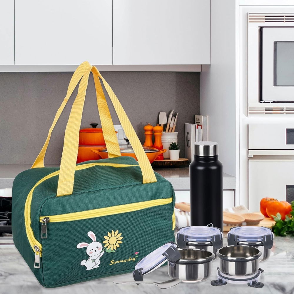 Geanta termo-izolanta, compartimente telefon si tacamuri, multifunctionala, impermeabila, 30x21x20 cm, design iepuras, verde [3]