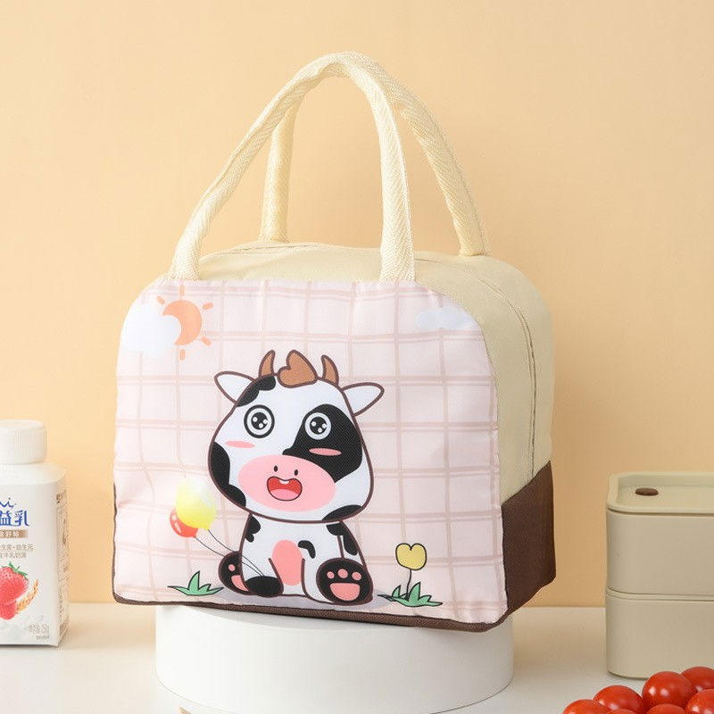 Geanta termoizolanta pentru copii, 23x13x19 cm, model imprimeu vacuta, din folie de aluminiu si panza oxford, bej [6]