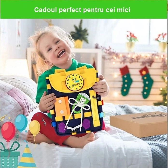 Ghiozdan montessori, pentru copii 2-6 ani, fidget pop, cu catarame si fermoare, jucarii senzoriale, activitate de invatare prin joc, albastru marin, 0.25 kg, 28x10x23 cm [2]