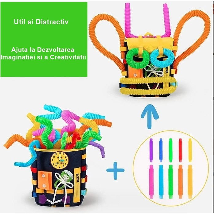 Ghiozdan montessori, pentru copii 2-6 ani, fidget pop, cu catarame si fermoare, jucarii senzoriale, activitate de invatare prin joc, albastru marin, 0.25 kg, 28x10x23 cm [4]