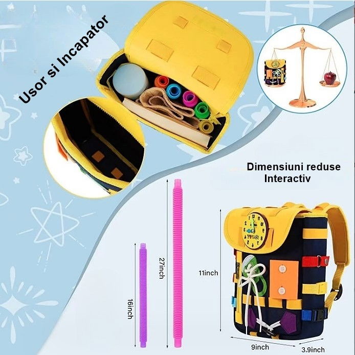 Ghiozdan montessori, pentru copii 2-6 ani, fidget pop, cu catarame si fermoare, jucarii senzoriale, activitate de invatare prin joc, albastru marin, 0.25 kg, 28x10x23 cm [3]