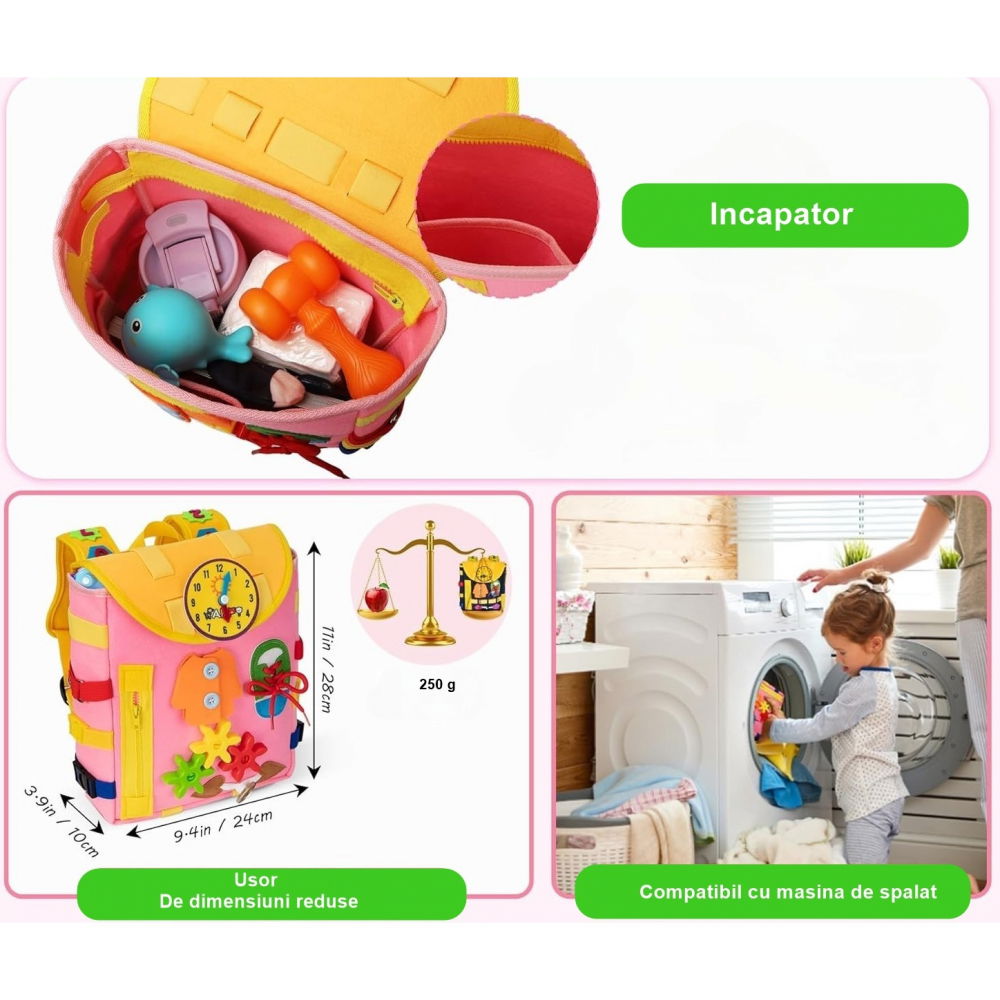 Ghiozdan montessori, pentru copii 2-6 ani, fidget pop, cu catarame si fermoare, jucarii senzoriale, activitate de invatare prin joc, roz, 0.25 kg, 28x10x23 cm [3]