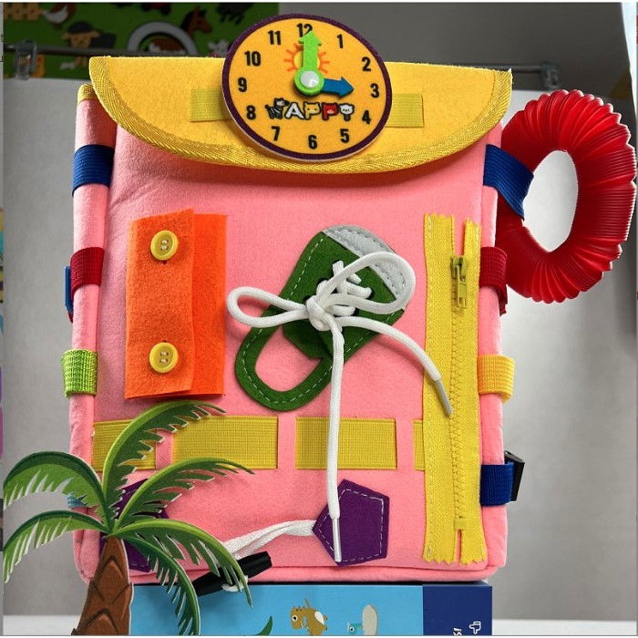 Ghiozdan montessori, pentru copii 2-6 ani, fidget pop, cu catarame si fermoare, jucarii senzoriale, activitate de invatare prin joc, roz, 0.25 kg, 28x10x23 cm [5]