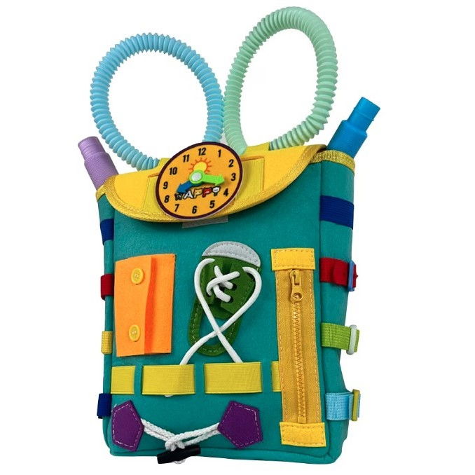 Ghiozdan montessori, pentru copii 2-6 ani, fidget pop, cu catarame si fermoare, jucarii senzoriale, activitate de invatare prin joc, turcoaz, 0.25 kg, 28x10x23 cm [5]