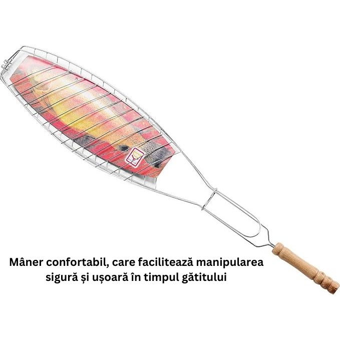 Gratar grill inox pentru peste, cu maner, de dimensiuni reduse, usor de transportat si depozitat, argintiu, 56x12 cm [5]