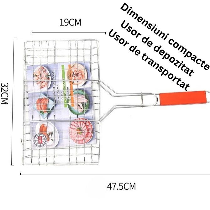 Gratar pentru peste si carne, suprafata utila 32x19 cm, otel inoxidabil, cu maner, portabil, argintiu [7]