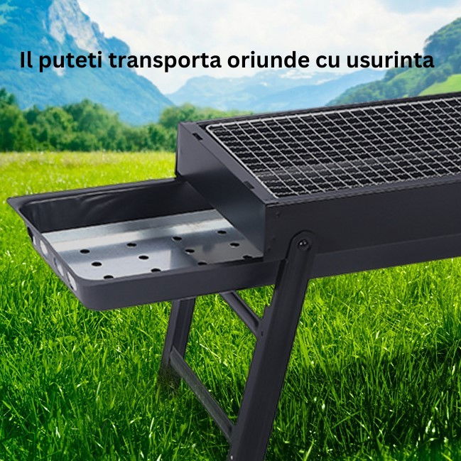 Gratar portabil, confectionat din metal, pentru picnic, gradina, terasa, camping, dimensiuni reduse, 60x22x23 cm, negru [7]