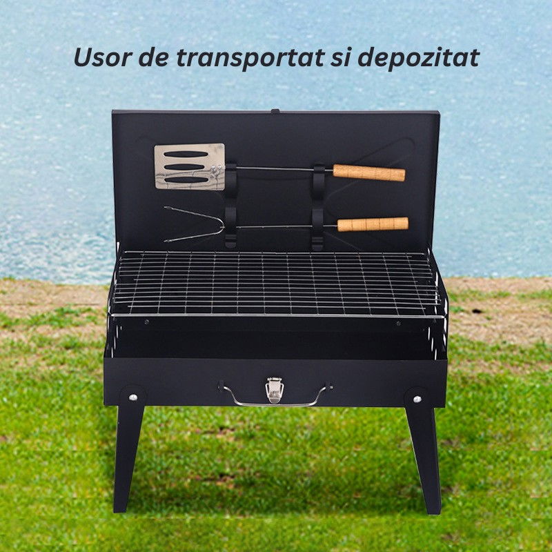 Gratar portabil, pliabil, tip servieta, cu accesorii pentru gatit incluse, confectionat din metal, 46x43x26 cm, negru [6]