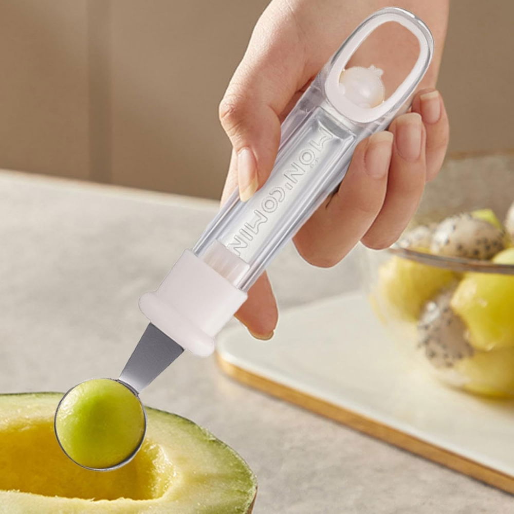 Lingura pentru bile de fructe, scobitor fructe, ustensila multifunctionala pentru fructe, accesoriu de bucatarie, lingura antialunecare pentru salata de fructe, 17.6 x 2.9 cm, bej [3]