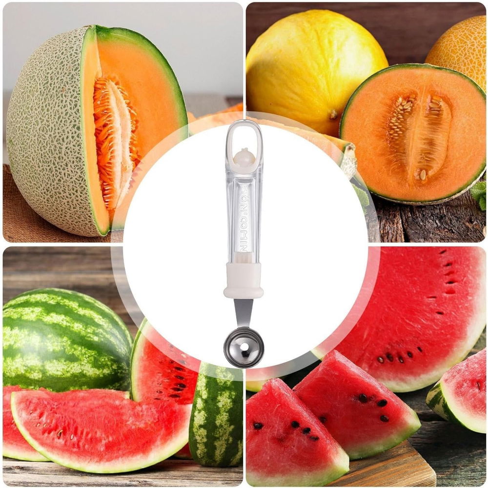 Lingura pentru bile de fructe, scobitor fructe, ustensila multifunctionala pentru fructe, accesoriu de bucatarie, lingura antialunecare pentru salata de fructe, 17.6 x 2.9 cm, bej [4]