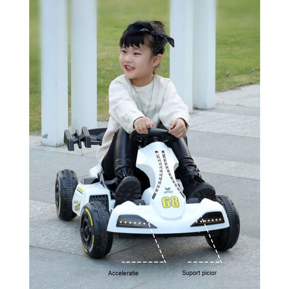 Masinuta electrica  tip kart, cu telecomanda, dimensiune reglabila, 2 viteze, sistem de lumini si sunet, pentru copii intre 1.2 - 1.6 inaltime, 105 x 55 x 50 cm, alb [3]