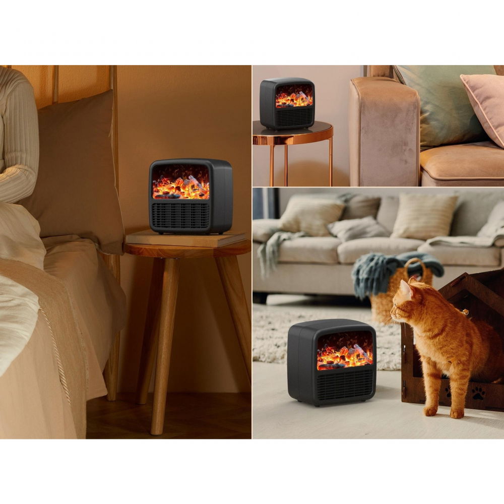 Mini aeroterma portabila, display lcd, flacara tip semineu, 1500w, 2 trepte, oprire automata, 22 x 22 x 15 cm, negru [2]