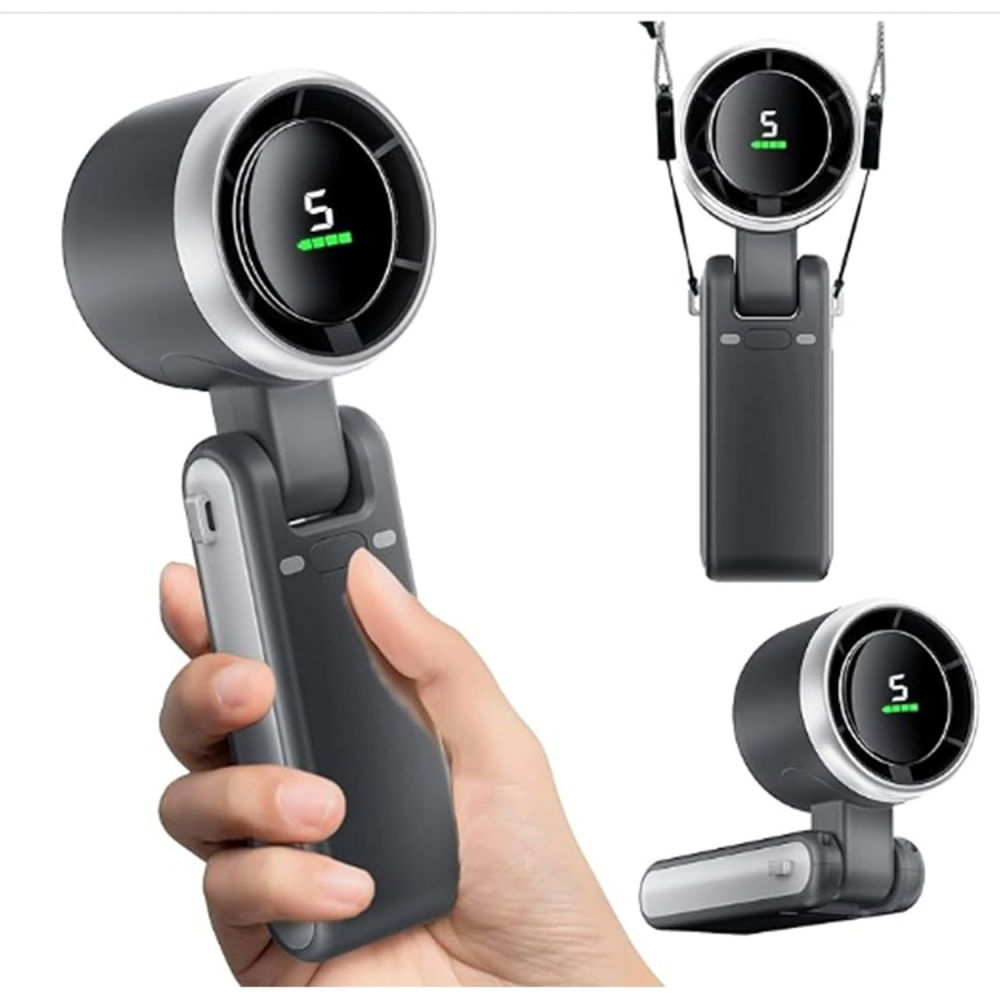 Mini ventilator portabil, 5 trepte de viteza, afisaj digital, incarcare usb, 5v, 2a, 5.95 x 5.2 x 17.2 cm, negru [4]