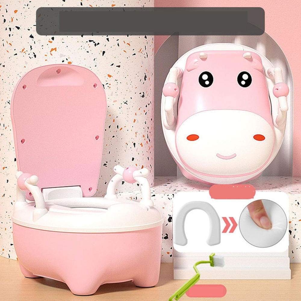 Olita pentru copii, +1an, portabila, design vacuta cu capac, model prietenos, non-toxic, cu manere, compartiment detasabil, perie inclusa, usor de curatat, roz [4]