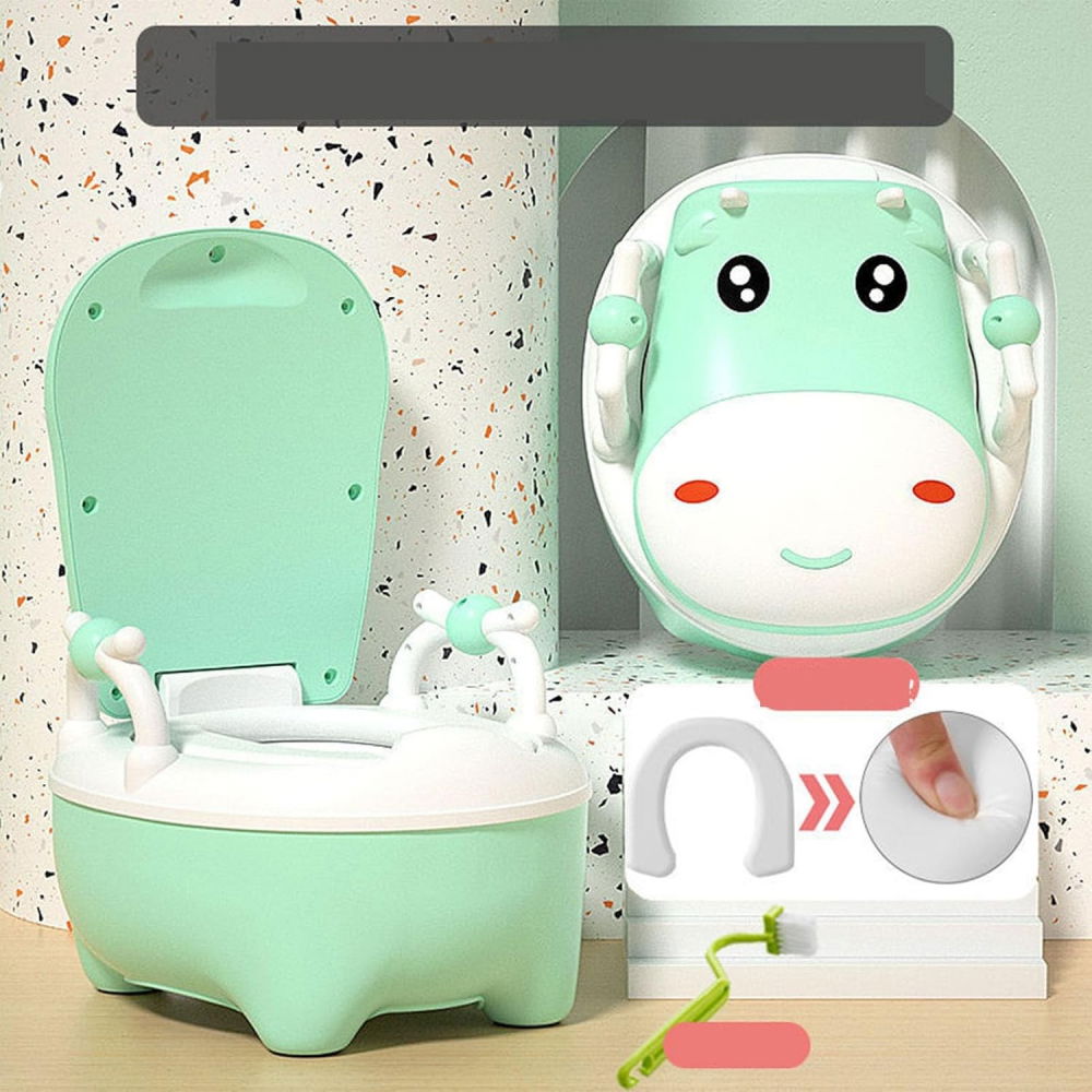 Olita pentru copii, +1an, portabila, design vacuta cu capac, model prietenos, non-toxic, cu manere, compartiment detasabil, perie inclusa, usor de curatat, verde [6]