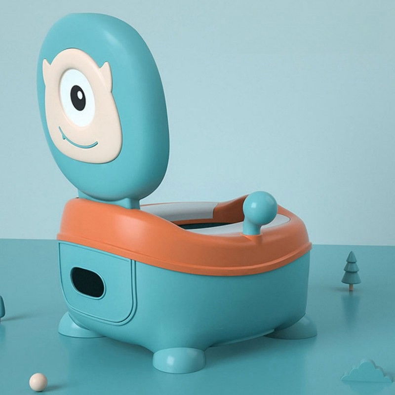 Olita pentru copii, +6 luni, compartiment detasabil, cu capac, antiderapanta, din plastic, colac moale, model animat ciclop, cu maner, 33 x 21 x 45 cm, albastru/portocaliu [5]